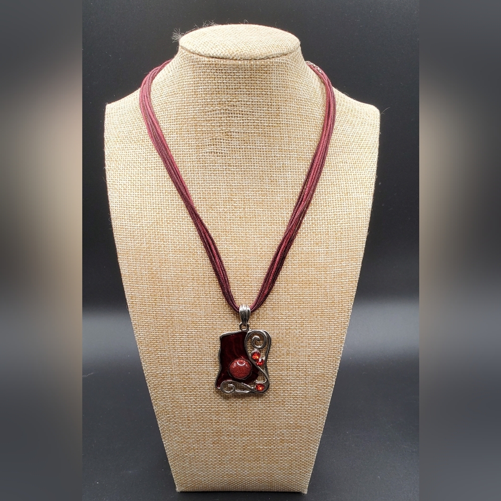 Modernist Abstract Red And Silver Pendant Cord Necklace Marked Barcelona